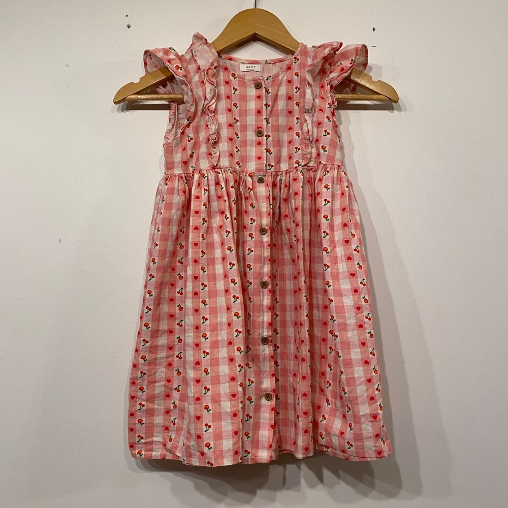 Next Girls Pink Gingham Cherry Heart Cotton Ruffle Button Dress 7-8Y H59-936-442